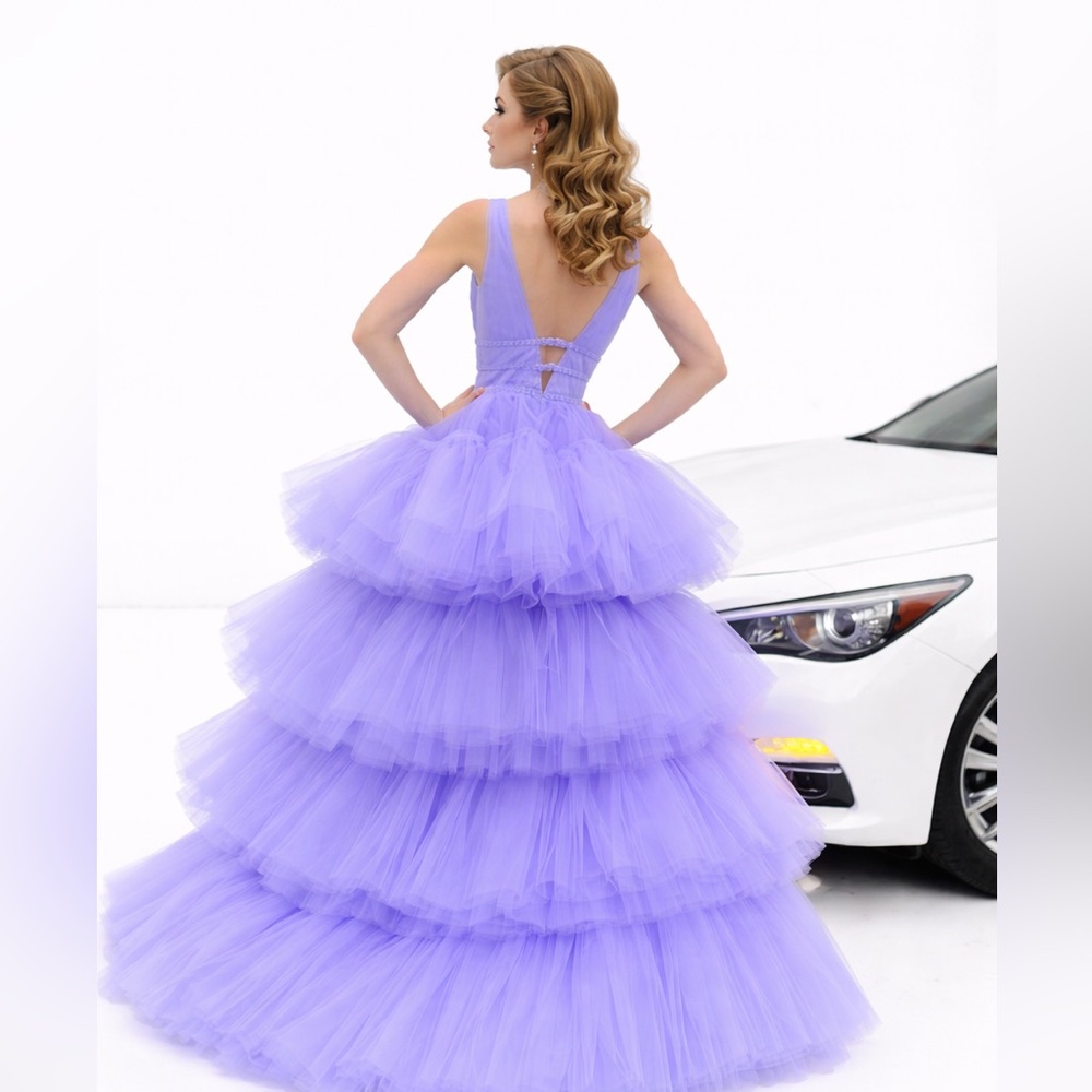 Lace-Up Back Lavender Tiered Tulle Prom Dress - Picture 2 of 5